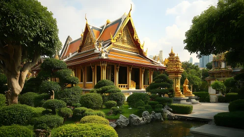 Golden temple garden oasis glowing within the modern city.