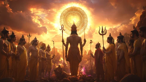 Mythic assembly beneath radiant solar mandala haloed sky.