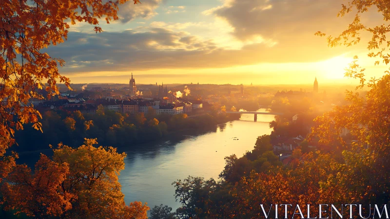 Photorealistic autumn river cityscape in warm backlighting.