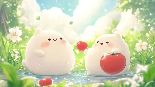 Playful marshmallow friends sharing apples in sunny pond.