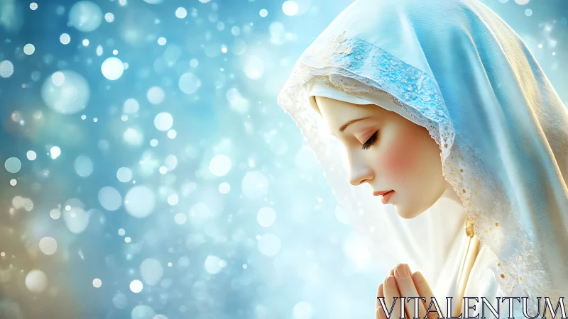 Serene veiled woman in prayer on soft blue bokeh background.
