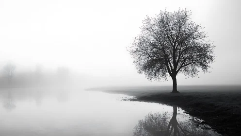 Solitary riverside tree dreaming in soft grayscale mist.