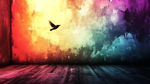 Chromatic interior gradient with silhouetted avian trajectory.