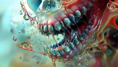Liquid skull abstraction with exposed teeth and motion blur.