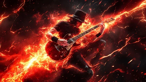 Electric guitarist in stylized fiery digital composition.