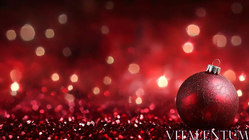 Specular red ornament in shallow depth festive bokeh field.