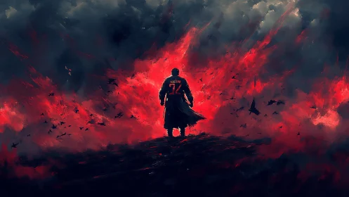 Lone warrior strides through crimson storm of embers.