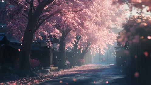 Cherry blossom street under soft dawn light in spring.