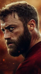 Intense bearded athlete in dramatic warm backlight portrait.