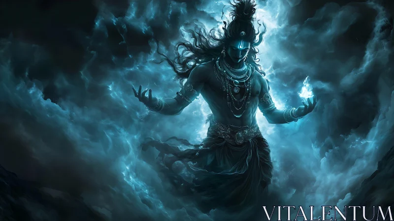 Mystical blue deity strides through swirling storm clouds