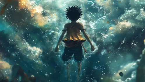 Boy confronts storm-tossed ocean under glowing turbulent sky.