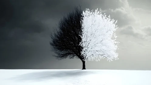 Solitary half-winter tree stands against a brooding sky