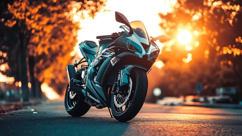 Sunlit street superbike poised in molten amber glow.