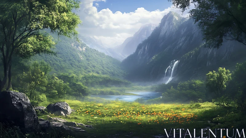 Lush mountain valley with lake, wildflowers, and waterfall.