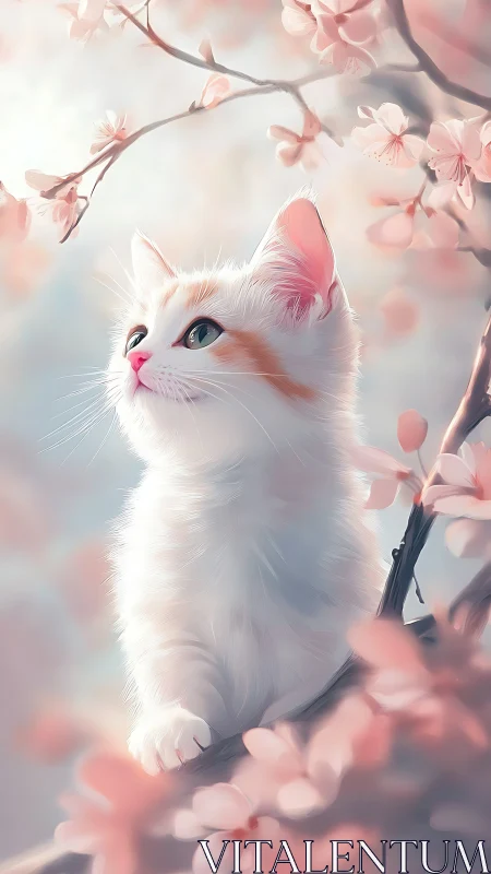 White Cat Among Pink Blossoms in Soft Focus