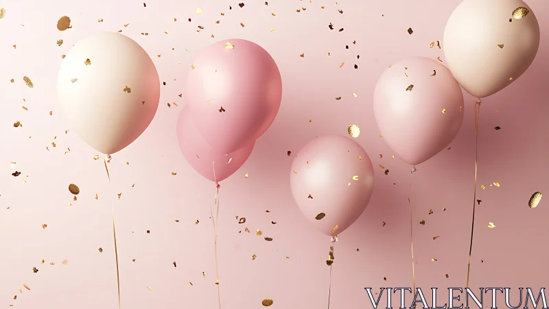 Gradient Balloons with Confetti Against Soft Pink Background.