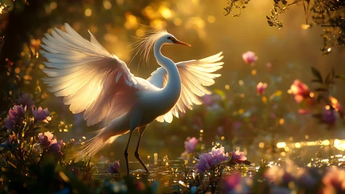 Egret with outstretched wings in warm floral wetland light.