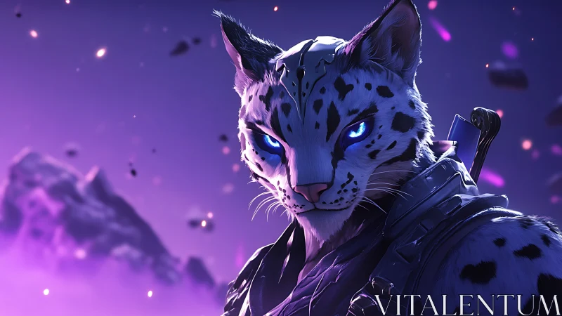 Armored cybernetic snow leopard warrior with neon gaze