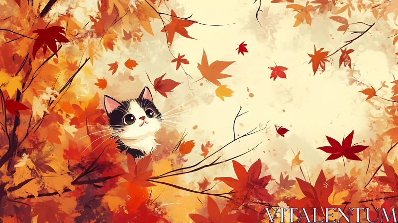 Cat Among Autumn Leaves Digital Illustration.