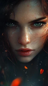 Fierce green eyed muse emerging from water and embers.