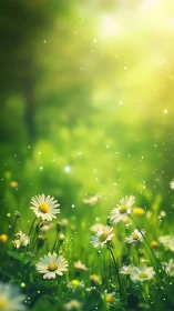 Sunlit daisy meadow with atmospheric bokeh glow rendering.