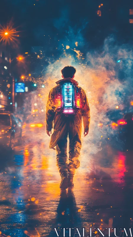 Neon-lit figure strides through cybernetic nightscape corridor