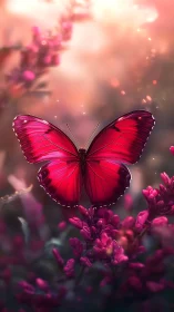 Scarlet butterfly hovers in dreamy pink twilight garden glow