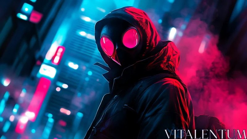 Hooded cyberpunk figure in neon-lit nocturnal megacity streets