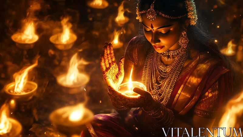Golden festival glow with serene woman holding diya flame.