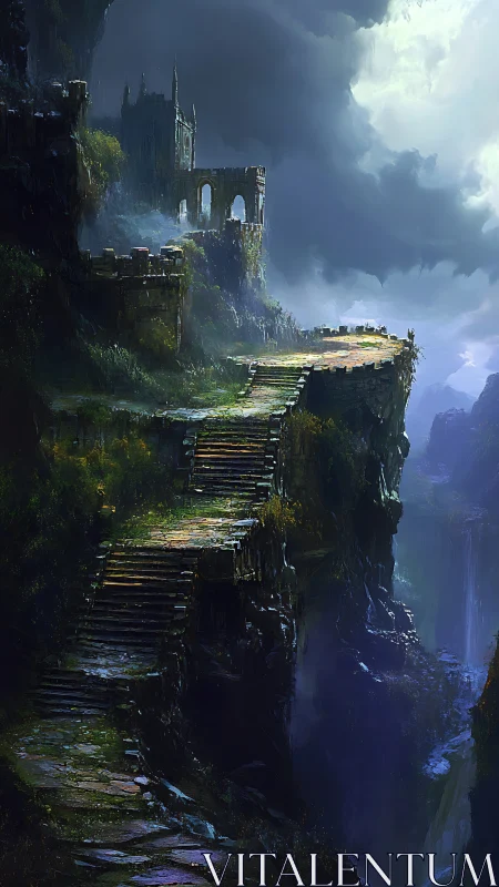 Stormlit stone stairway ascends to a ruined cliffside citadel
