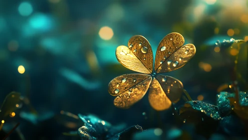 Golden metallic clover with dew drops under soft bokeh light