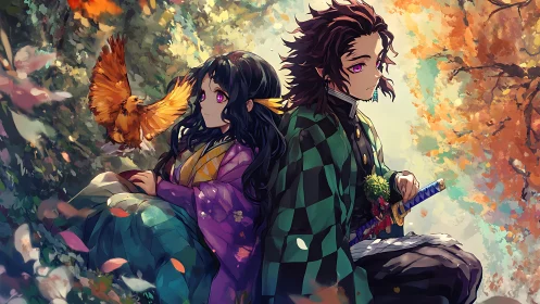 Gentle anime companions share a quiet moment in autumn woods