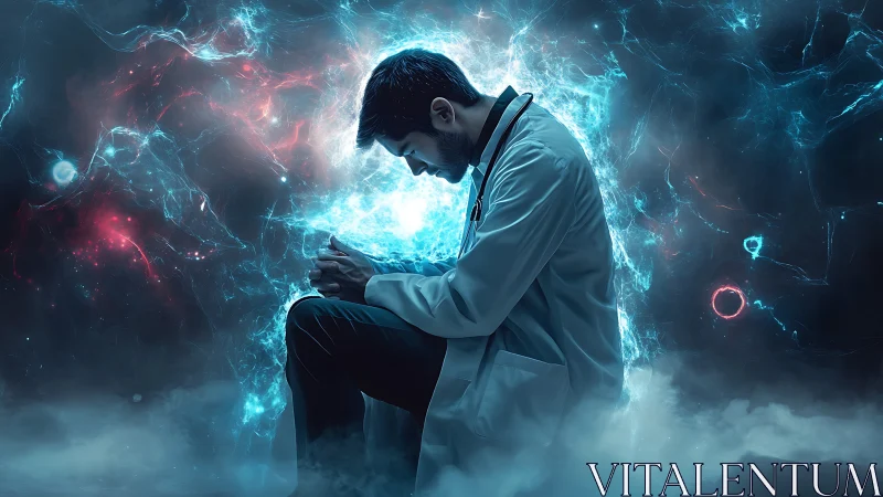 Cosmic storm curls around a weary doctor caught in thought