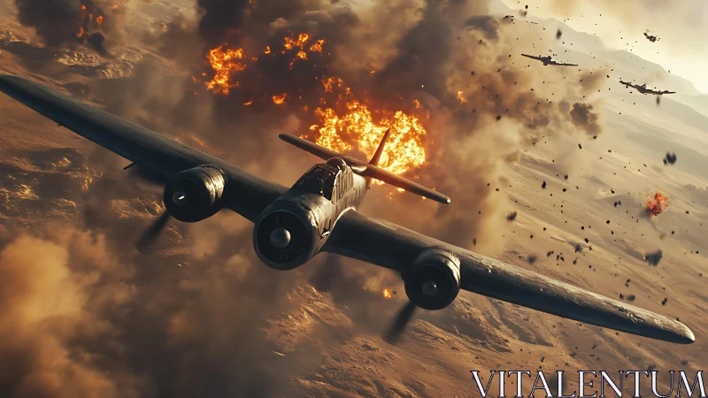Twin‑engine warplane dives through desert firestorm.
