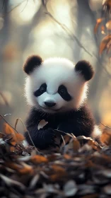 Soft-focus baby panda in autumn forest glow.