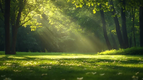 Sunlit Forest Clearing with Lush Green Grass in Serene Morning Light.