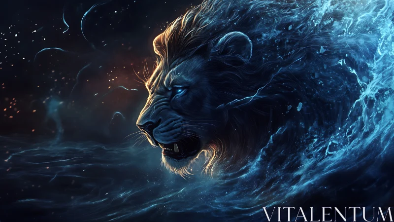 Elemental water lion roars through swirling cosmic tide.
