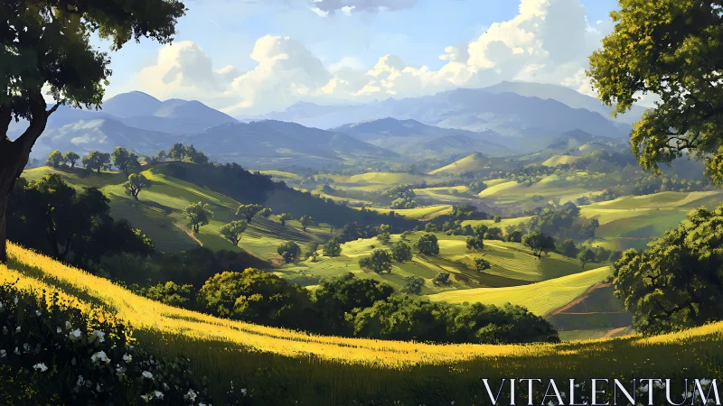 Sunlit valley quilt of rolling hills under drifting clouds.