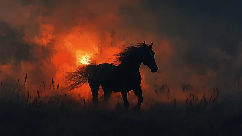 Wild horse framed by a glowing sunset mist on the horizon.