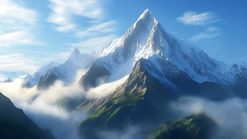 Snow peak dominates luminous alpine valley at sunrise.