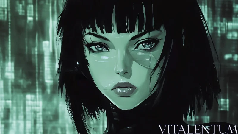 Cybernetic femme portrait with glitch matrix bokeh backdrop