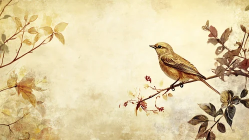 Songbird on autumn branch over textured parchment field.