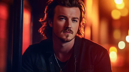 Moody portrait of young man in warm neon city light.
