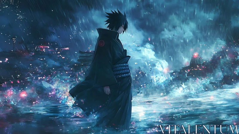 Solitary anime warrior stands in storm over glowing water.