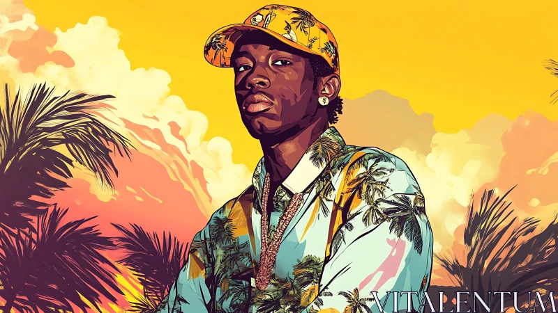 Bold tropical portrait under vivid golden sunset sky.