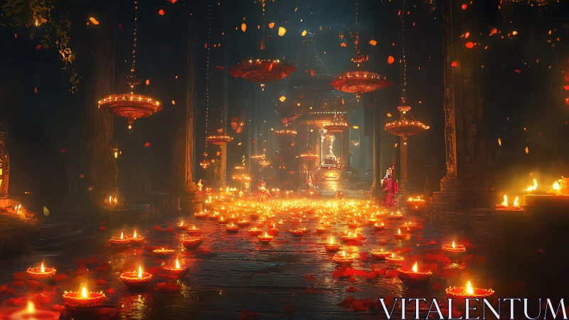 Temple of ember dreams under a rain of sacred petals.