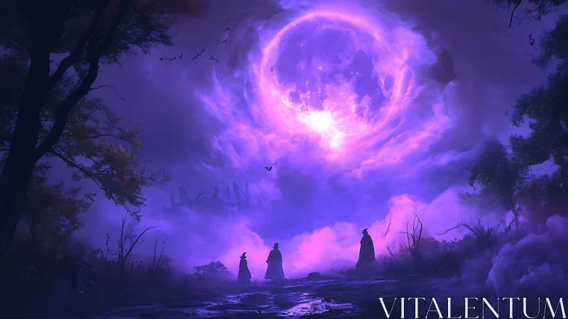 Three cloaked figures observe large luminous vortex in sky