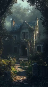 Abandoned neo-Gothic house in dense overgrowth under diffused dawn light
