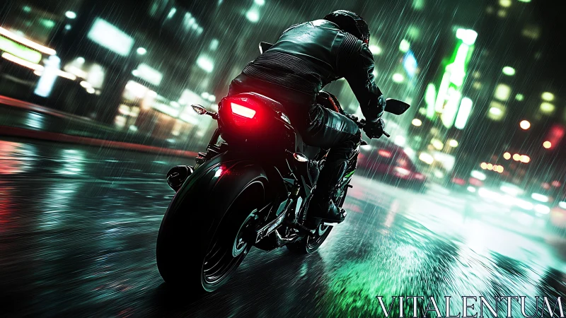 Motorcycle slices neon city rain, cinematic night speed.