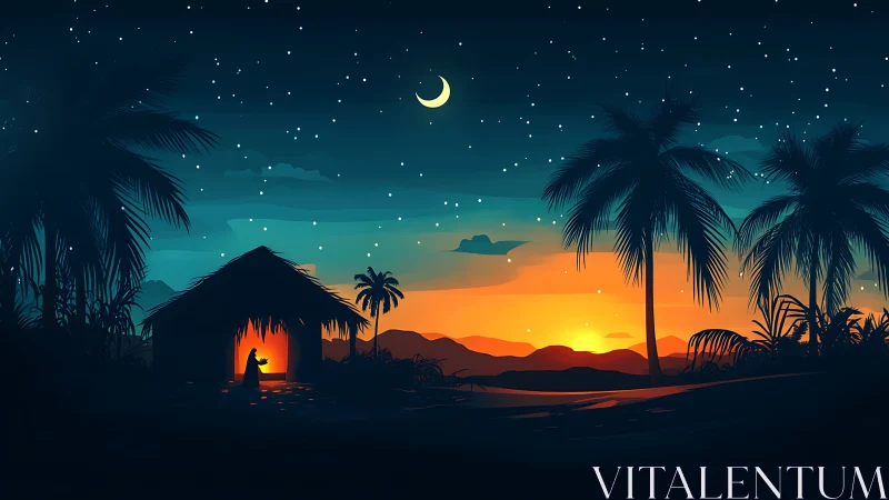 Tropical hut silhouette under starry sky at vivid sunset